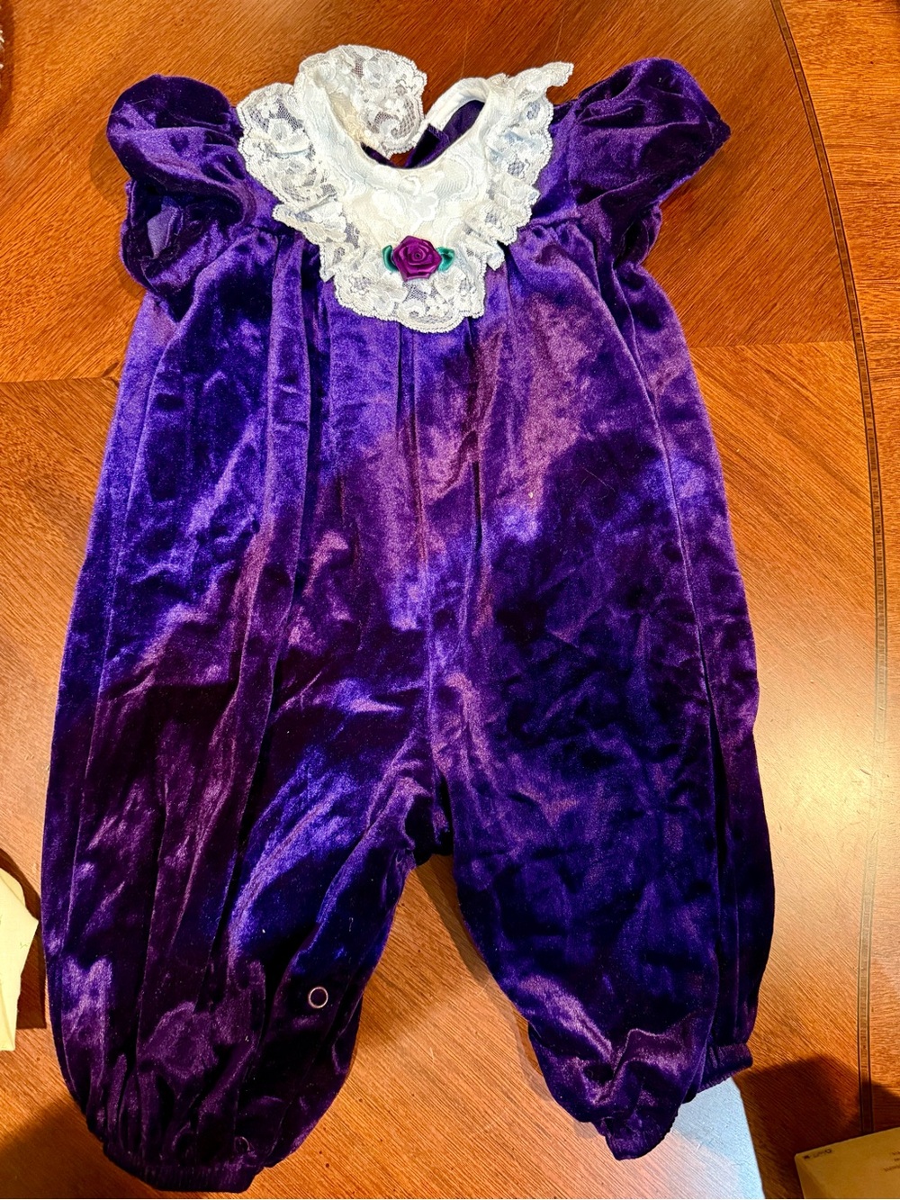 Vintage 1990, USA, Rare Editions Purple Velvet Lace-Trim Baby Footie One-Piece.